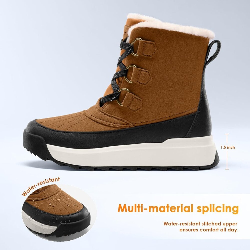 Women Tan Faux Fur Collar Ankle Booties with Microfleece Lining Anti-Slip Sole - Picture 4 of 6